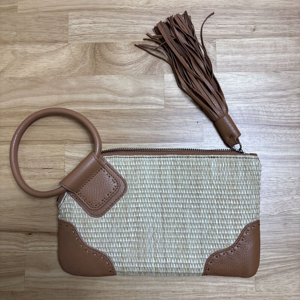 HOBO Wristlet Leather Straw Tassel Boho Clutch Zip Closure Purse